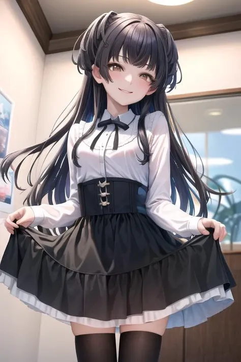 absurdres, highres, masterpiece, best quality, cinematic light,
fuyuko mayuzumi, black hair, (brown eyes:1.5), long hair, two side up, blush, smile, smug face, (from below:1.4),
virgin killer outfit, white frilled shirt, black skirt, (skirt lift:1.2), black thighhighs, bed room,
<lora:virgin_killer_outfit:0.8>, <lora:mayuzumi fuyuko:0.95>, <lora:more_details:0.3>