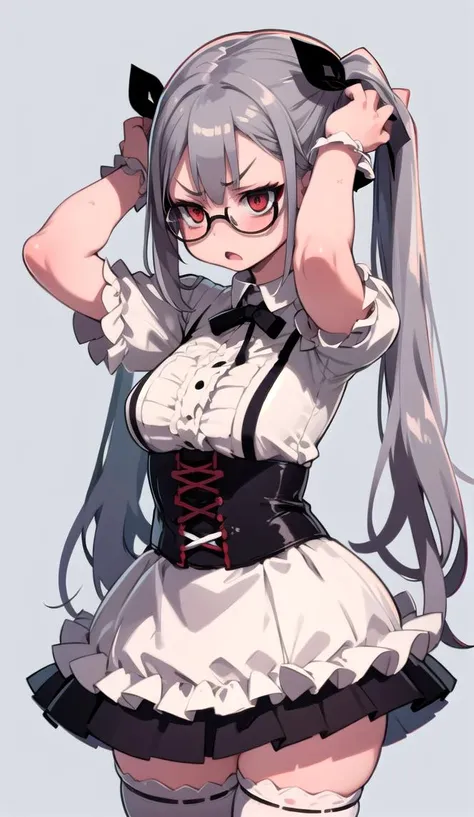 1girl, gray hair, round glasses, twintails, medium breasts, spoken anger vein, adjusting hair, white thighhighs, angry, spoken_anger_vein <lora:ZANKURO_STYLE:0.7> <lora:virgin_killer_outfit:1> virgin killer outfit, high-waist skirt