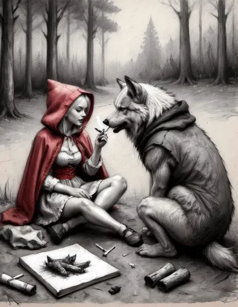 Photo of Little Red Riding Hood, blonde woman, sitting on the ground, sharing a joint with the Big Bad Wolf <lora:EldritchCharcoalXL1.1:1> charcoal drawing