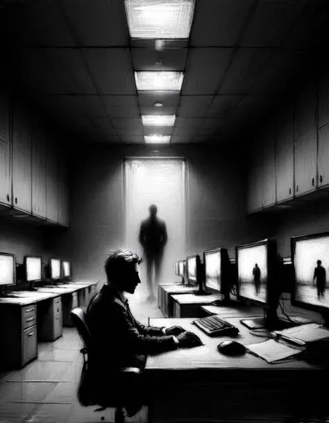 A striking black and white photograph of a solitary office worker, illuminated by the soft glow of a computer screen. They sit in the shadows of a dimly lit cubicle, with only the silhouette of their figure visible. The background is a vast sea of empty cubicles, giving off an eerie and desolate atmosphere. The overall ambiance of the image is melancholic and thought-provoking.,impressionist painting,charcoal drawing<lora:EMS-288916-EMS:0.800000>