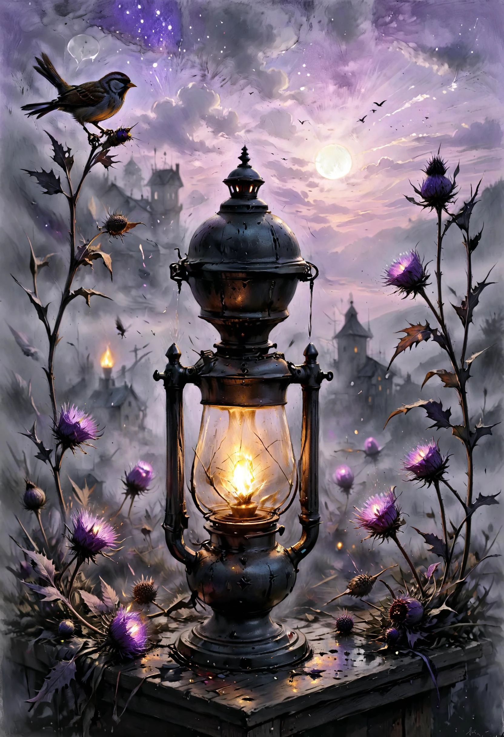 Lit the lamp bulb before the sunrise, Before sparrow cry from thistle, The kettle boil before it whistle, The sky bleed purple, The night fight before it die, <lora:xl_more_art-full_v1:0.4>, <lora:MJ52:0.4>, Volumetric lighting, <lora:EldritchCharcoalXL1.1:0.8> charcoal drawing, <lora:ColorART:0.7> ColorART
