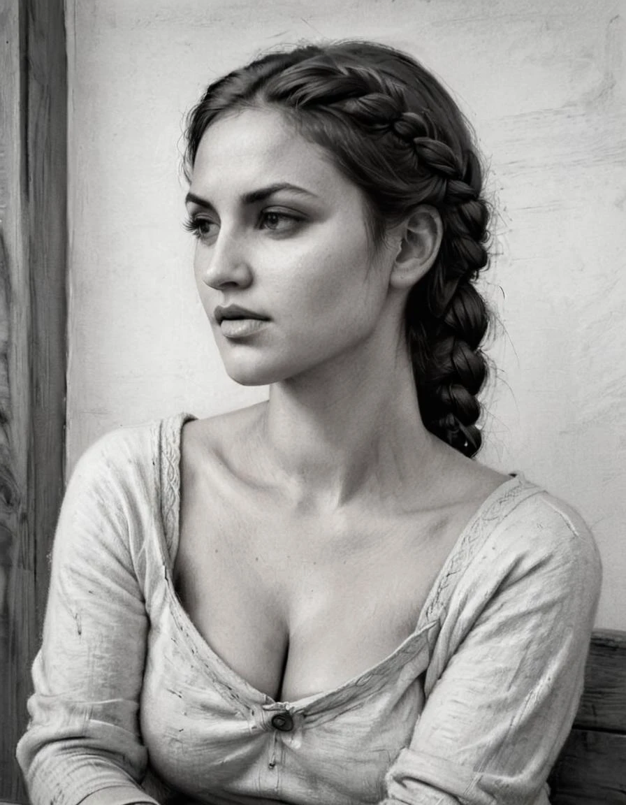 charcoal drawing, ( portrait) (closeup), greek woman, natural skin, looking over shoulder, daydreaming, open pullover, cleavage, busty, white primed wall, gray wood, bright interior, (cinematic), sitting at table <lora:EldritchCharcoalXL1.1:1>, long braid