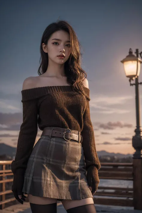 masterpiece,8k,incredibly_absurdres,best quality,depth field,photorealistic,ultra highres,real picture,(realistic:1.2),
1girl,solo,bbdola,dragon girl,long hair,dragon tail,off-shoulder sweater,brown sweater,long sleeves,sleeves past wrists,black gloves,plaid skirt,brown skirt,black pantyhose,
cowboy shot,outdoors,
upper body,looking at viewer,intricate details,ultra-detailed,masterpiece,best quality),cinematic lighting,