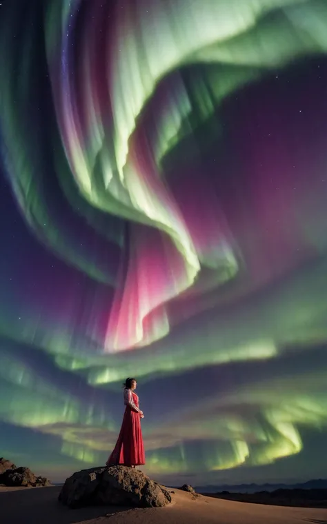 imagine Sublime dreamscape portrait by Gregory Crewdson,delicate Chinese sylph levitating amid surreal cloudscapes of windswept scarlet chiffon and ephemeral feathered wings composed of soft drifting peony petals,clothes in the form of ice on fire,(star background),((green, aurora)),extremely detailed,starwhisper,(nebula),starry night,gravitational lensing,Pillars of Creation,spellbinding emotional narrative exploring the poetic boundaries of the surreal,8K,