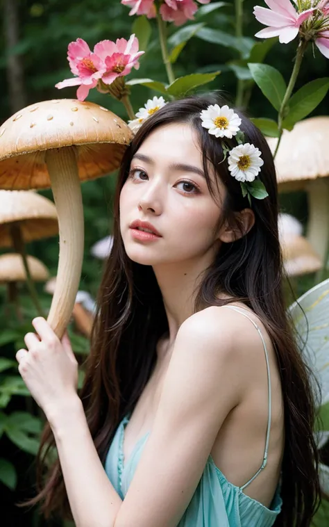 imagine Surreal high-fashion nature editorial by Tim Walker,statuesque Korean model amongst fantastical colossal blossoms and alien mushroom flora,soft dappled lighting and dreamy painterly textures,imaginative fusion of botanical whimsy and avant-garde couture drama,visionary fairy tale storytelling for major fashion house campaign,8K,
upper body,