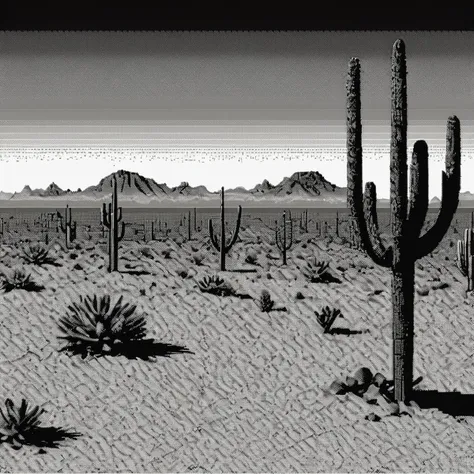 <lora:Macpaint-XL-000015:0.9>, Macpaint, black and white pixel image of the desert, pixel art, best quality, 80s, minimalist, dithering, retro