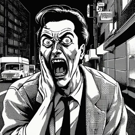 <lora:Macpaint-XL-000015:1>, Macpaint, a black and white pixel image of  a scared and terrified man grabbing hold of his head screaming in terror on a street at night, funny expression, comedy, funny, film noir, pixel art, best quality, 80s, masterpiece, dithering