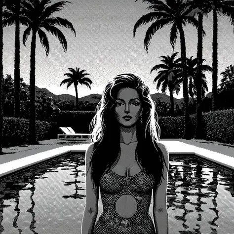 <lora:Macpaint-XL-000015:1>, Macpaint, (vaporwave), (dithering), a black and white pixel picture of a long haired woman next to a pool with palm trees during a sunset, pixel graphics, 80s, retro graphics, retro, best quality