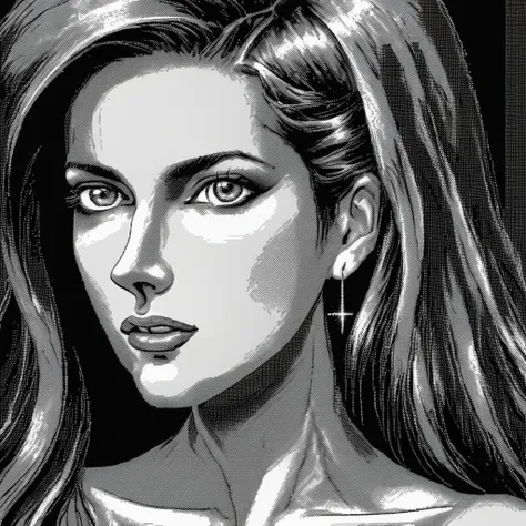 <lora:Macpaint-XL-000015:1>, Macpaint, close up black and white pixel image of a beautiful woman with long hair standing, pixel art, best quality, minimalist, dithering, retro