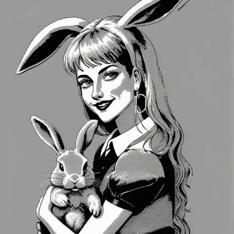<lora:Macpaint-XL-000015:1>, Macpaint, black and white pixel image of beautiful smiling woman standing next to a creepy bunny rabbit, pixel art, best quality, 80s, minimalist,