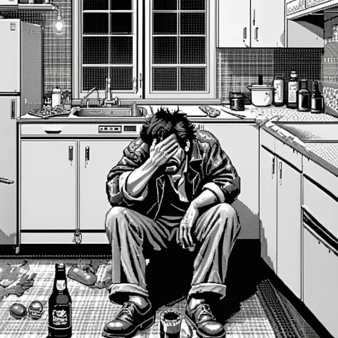 <lora:Macpaint-XL-000015:1>, Macpaint, black and white pixel image of drunk hobo crying in an 80s kitchen, pixel art, best quality, 80s, minimalist,