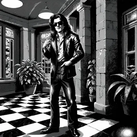 <lora:Macpaint-XL-000034:1>, Macpaint, portrait of a long haired rocker man with sunglasses standing in a room at night with windows and marble pillars and a checkerboard floor, potted plant, best quality, 80s, masterpiecce