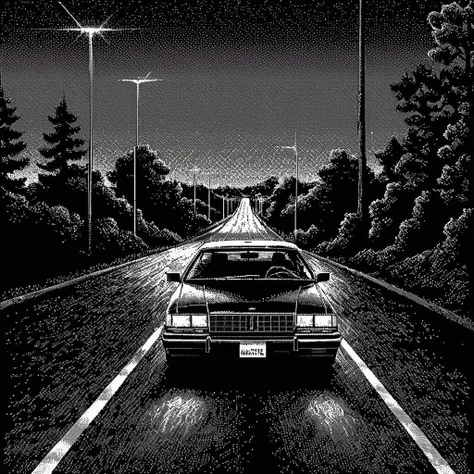 <lora:Macpaint-XL-000015:1>, Macpaint, a black and white pixel image of a car driving down a road at night with a sunset in the background, pixel art, best quality, 80s, masterpiece, dithering