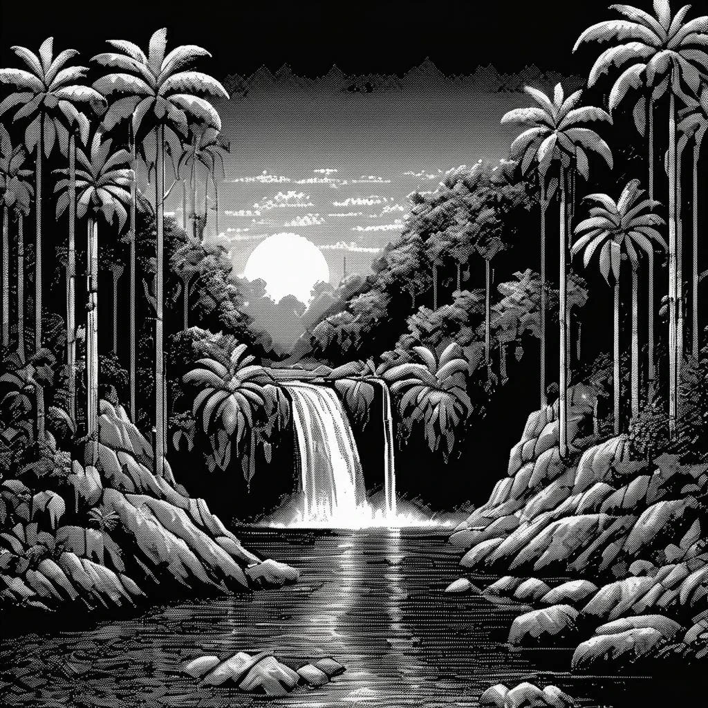 <lora:Macpaint-XL-000015:1>, Macpaint, a black and white pixel image of a highly detailed jungle landscape with rocks and a waterfall at night and a sunset, pixel art, best quality, 80s, masterpiece, dithering, intricately detailed, mist