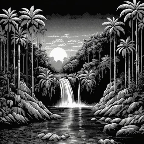 <lora:Macpaint-XL-000015:1>, Macpaint, a black and white pixel image of a highly detailed jungle landscape with rocks and a waterfall at night and a sunset, pixel art, best quality, 80s, masterpiece, dithering, intricately detailed, mist