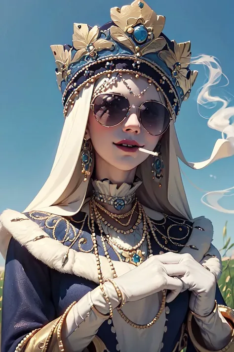melsoph, waist up portrait, meadow, extremely detailed clothes, masterpiece, 8k, trending on pixiv, highest quality
front, looking at viewer,
<lora:SophiaV3:0.75> white theme, fantasy art,
sunglasses, smoking, crown, (cigarette in mouth),
simple background, white background,
evil smile,