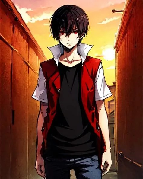 masterpiece, best quality, highres, high quality, solo, 1boy,
red eyes, standing, street, looking at viewer, sunset
red jacket, original_red, break
<lora:original_red:0.7>