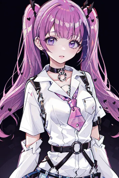best quality, masterpiece, 1girl, solo, <lora:yamazakiAn-000125:1>, yamazaki an, (streaked hair:0.75), choker, necktie, (untucked shirt), (plaid skirt:0.75), chest harness