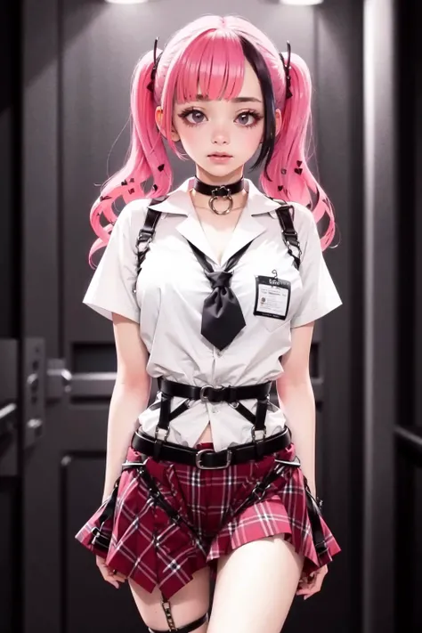best quality, masterpiece, 1girl, solo, <lora:yamazakiAn-000125:1>, yamazaki an, (streaked hair:0.75), choker, necktie, (untucked shirt), (plaid skirt:0.75), chest harness