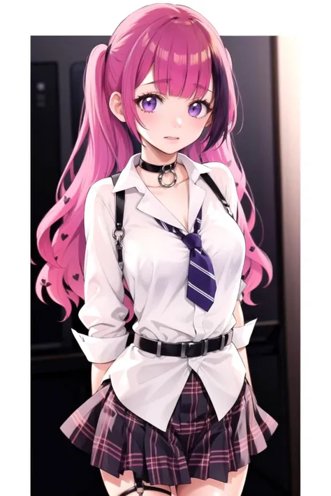 best quality, masterpiece, 1girl, solo, <lora:yamazakiAn-000125:1>, yamazaki an, (streaked hair:0.75), choker, necktie, (untucked shirt), (plaid skirt:0.75), chest harness