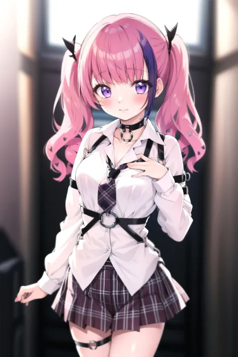 best quality, masterpiece, 1girl, solo, <lora:yamazakiAn-000125:1>, yamazaki an, (streaked hair:0.75), choker, necktie, (untucked shirt), (plaid skirt:0.75), chest harness