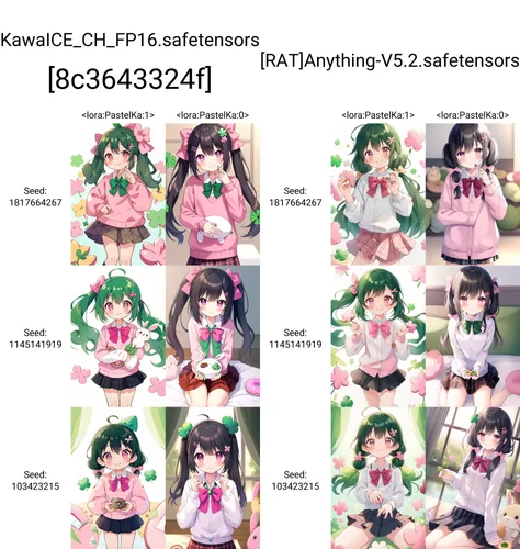 MARUMOCHI,1girl, hair ornament, clover, bow, twintails, smile, stuffed toy, green bow, solo, clover hair ornament, long hair, four-leaf clover, stuffed animal, green nails, black hair, hairclip, shirt, skirt, low twintails, doughnut, bangs, collared shirt, white shirt, stuffed bunny, plaid, long sleeves, food, bowtie, looking at viewer, pink bow, four-leaf clover hair ornament, hair bow, nail polish, sweater, blush, pink eyes, <lora:PastelKa:1>
