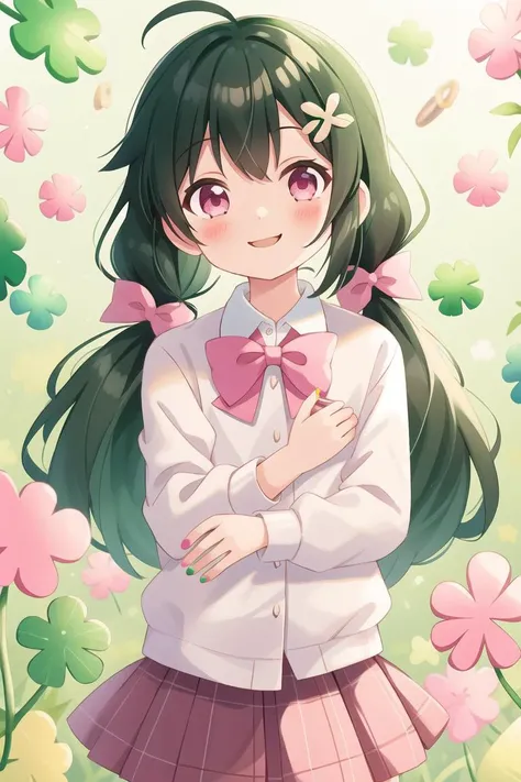 MARUMOCHI,1girl, hair ornament, clover, bow, twintails, smile, stuffed toy, green bow, solo, clover hair ornament, long hair, four-leaf clover, stuffed animal, green nails, black hair, hairclip, shirt, skirt, low twintails, doughnut, bangs, collared shirt, white shirt, stuffed bunny, plaid, long sleeves, food, bowtie, looking at viewer, pink bow, four-leaf clover hair ornament, hair bow, nail polish, sweater, blush, pink eyes <lora:PastelKa:1>