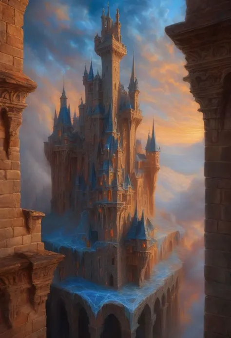 On the Edge of the Unknown,core_, fabulous, fantastic, whimsical details, castle tower with tiled roofs.MASONRY. exceptional detail, fine textures, deep shadows, clear lines, rainbow sunset.BEIGE CUMULUS CLOUDS WITH SPIRAL SWIRLS. the volume and depth of the fog. , expressive CLEAR IMAGE, highly detailed, award-winning, (complex details, masterpiece, best quality: 1.4) languor of orgasm on the face of a fire-breathing castle with fiery veins. blue ice icicle lampshade highly detailed, digital painting, artstation, concept art, sharp focus, illustration, cinematic lighting, style of Clarence Gagnon, Francis Picabia, Emmy Bridgwater, Sam Kieth