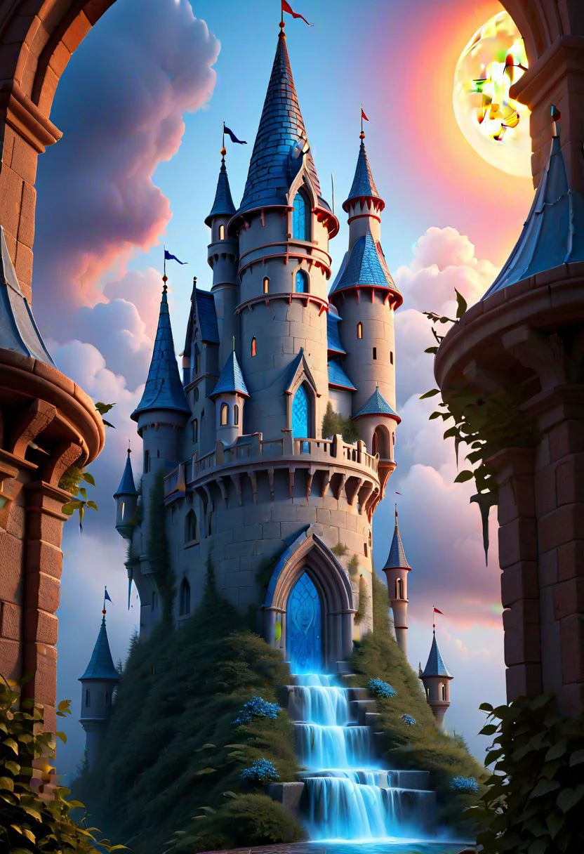 core_9, score_8_up, score_7_up, fabulous, fantastic, whimsical details, castle tower with tiled roofs.MASONRY. exceptional detail, fine textures, deep shadows, clear lines, rainbow sunset.BEIGE CUMULUS CLOUDS WITH SPIRAL SWIRLS. the volume and depth of the fog. , expressive CLEAR IMAGE, highly detailed, award-winning, (complex details, masterpiece, best quality: 1.4) languor of orgasm on the face of a fire-breathing castle with fiery veins. blue ice icicle lampshade s in wonderland, creepy, horror, scary, soft lighting, sharp focus, paint drops, rough edges, trending on artstation, studio photo, intricate details, highly detailed, <lora:Bio-Luminescence:0.6>, <lora:add-detail-xl:0.7>, <lora:xl_more_art-full_v1:1>,