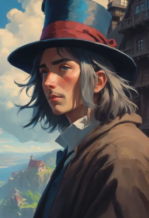 On the Edge of the Unknown: Howl's Moving Castle (2003), portrait, highly detailed, digital painting, artstation, concept art, sharp focus, illustration, cinematic lighting, style of Clarence Gagnon, Francis Picabia, Emmy Bridgwater, Sam Kieth