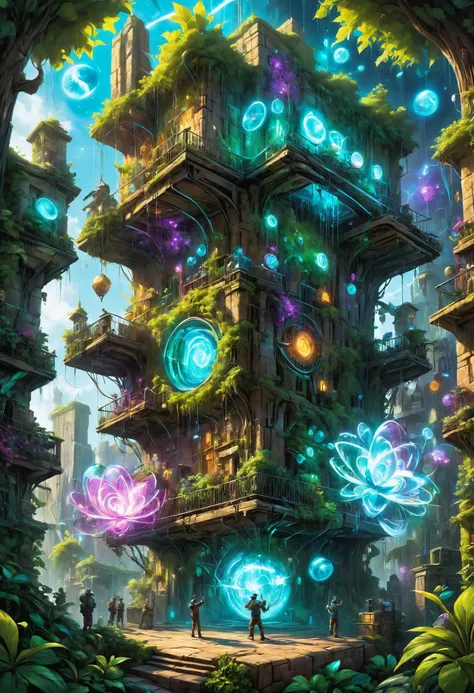 a digital painting of a tower with many glowing lights in the air