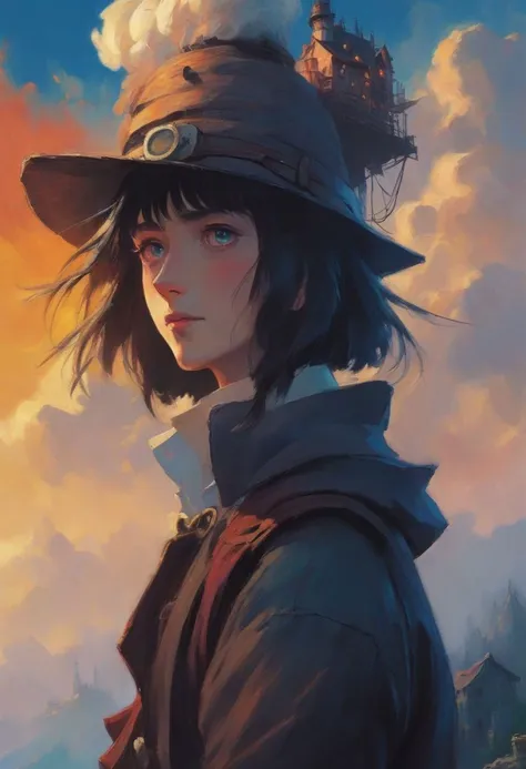 On the Edge of the Unknown: Howl's Moving Castle (2003), portrait, highly detailed, digital painting, artstation, concept art, sharp focus, illustration, cinematic lighting, style of Clarence Gagnon, Francis Picabia, Emmy Bridgwater, Sam Kieth