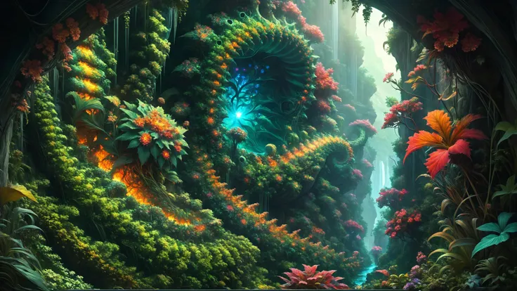 ral-mndlbrt An abyssal canyon where colossal, transparent serpentine creatures glide through the shadows, their illuminated internal organs creating an eerie spectacle, saturated colors,,, art by Artgerm and Greg Rutkowski and Alphonse Mucha, hyperrealism, full-shot, wide angle shot, full body, intricate, elegant, smooth, sharp focus, illustration, award winning, from Metal Gear, by Ruan Jia and Mandy Jurgens and William-Adol <lora:saturated_colors:0.8> <lora:MJ52:0.4>  <lora:EnvyGardencoreXL01:0.8> <lora:ral-mndlbrt:1>