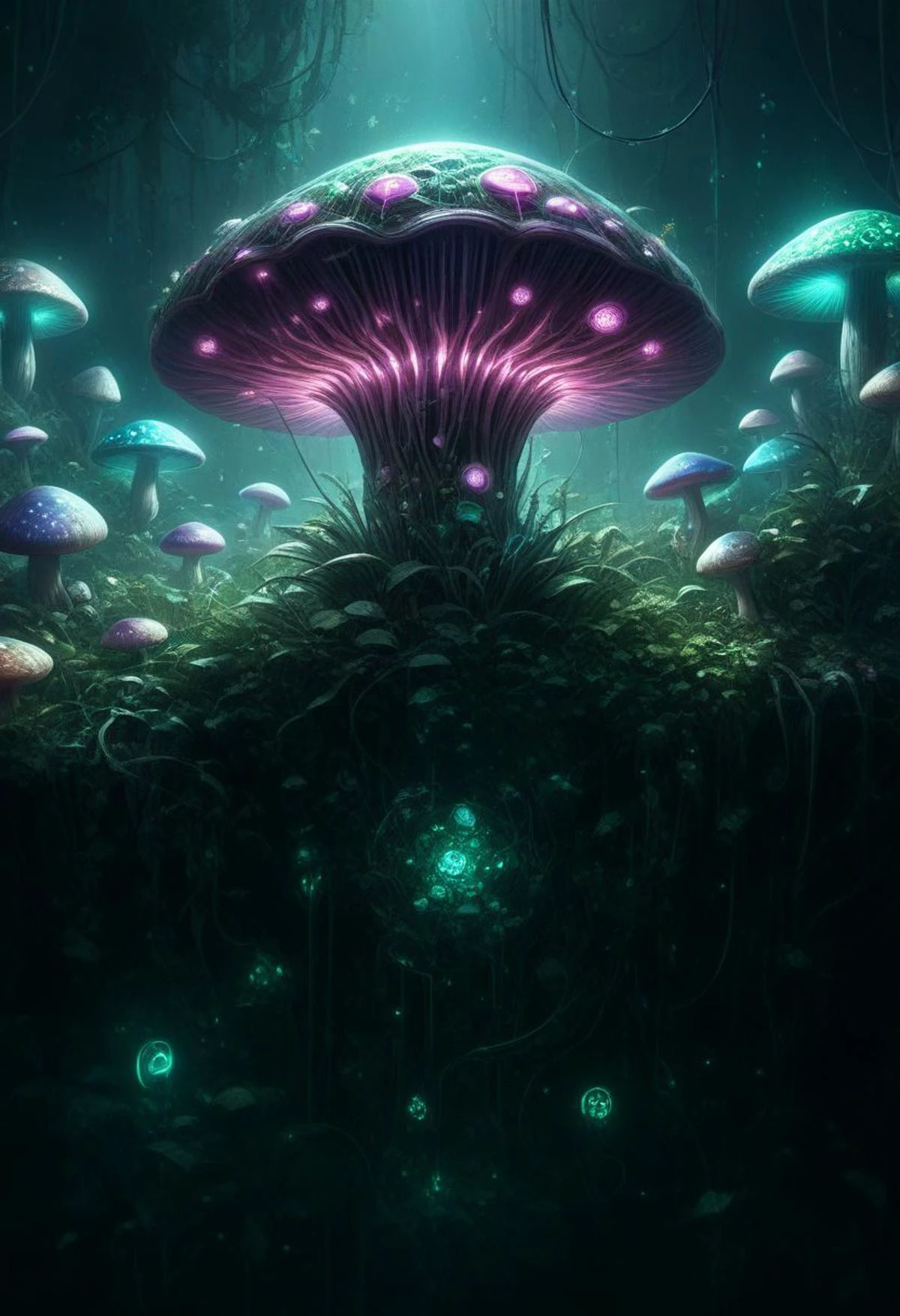 biomechanical style A glowing mushroom floating in a teacup during a thrilling experience. . blend of organic and mechanical elements, futuristic, cybernetic, detailed, intricate