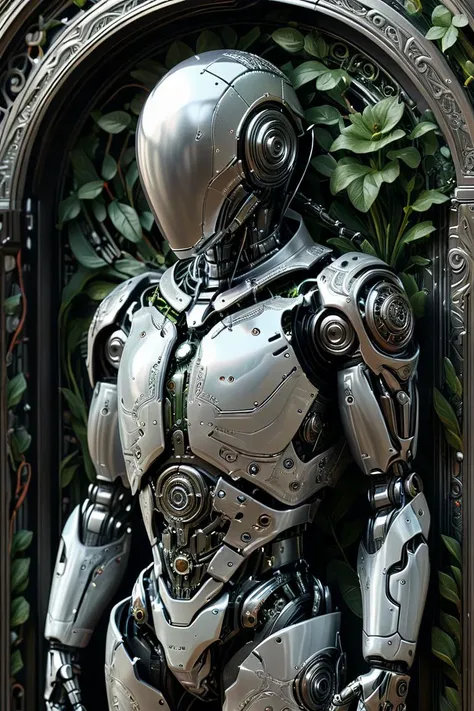 photorealistic, detailed digital illustration of a <lora:Chrome_Tech_XL:0.7> chrometech cyborg, <lora:Faceless_Cyborgs:0.7> noface, cyborg, at a Pocket dimension accessed through ornate portal, <lora:xl_more_art-full_v1:0.4>, soft shaded , <lora:EnvyGardencoreXL01:0.7>