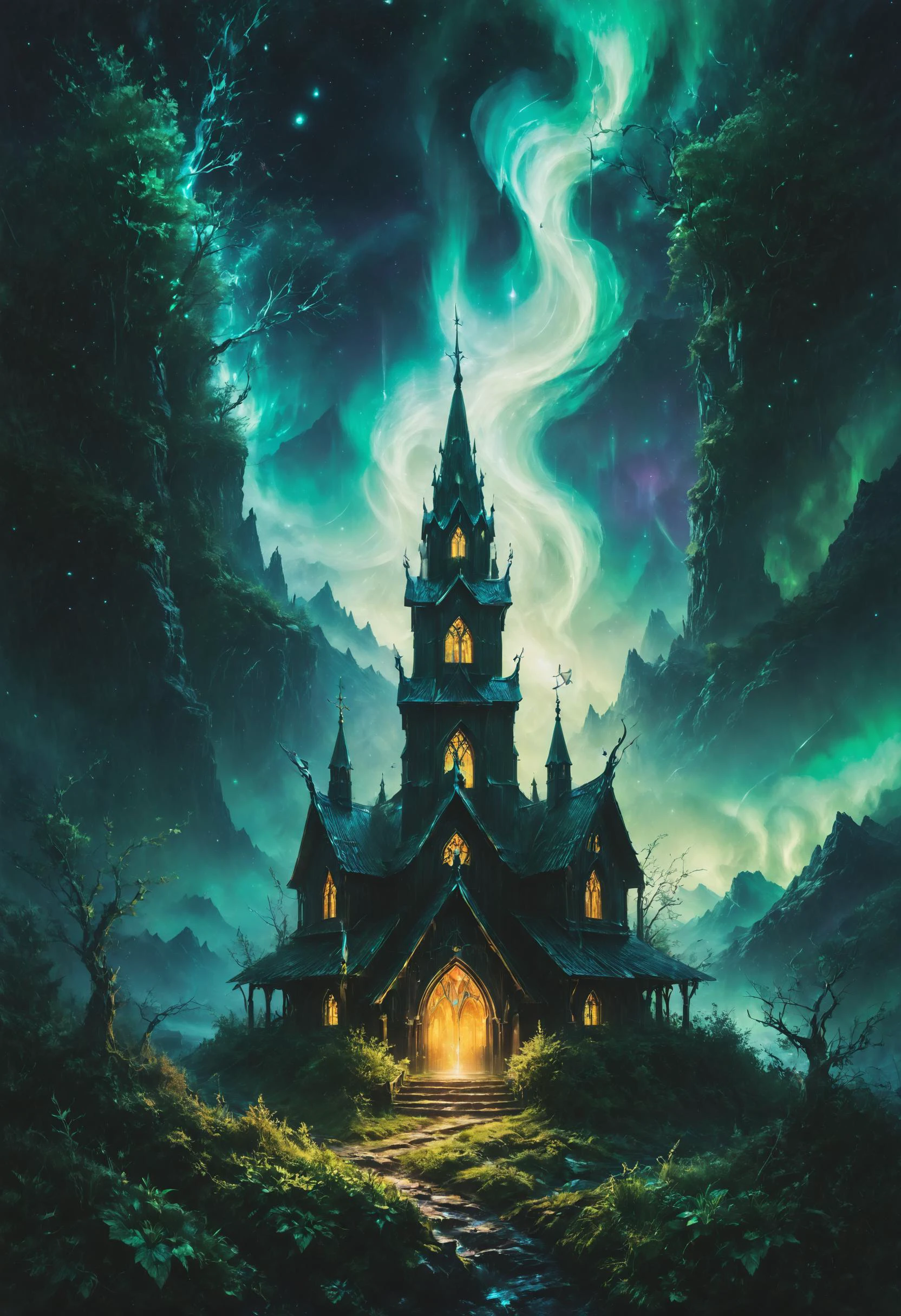 A Norwegian stave church nestled in a fjord, its spires reaching towards the northern lights in the night sky, Cybernetic stunt performer defying physical limits in the foreground, <lora:Neon_Style_XL:0.7>, <lora:SDXLFaeTastic2400:0.4>, <lora:Desolation:0.8>, <lora:EnvyGardencoreXL01:0.8>