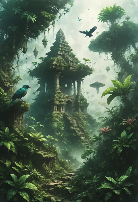 A Mayan temple surrounded by dense jungle, where the calls of exotic birds echo through the centuries-old ruins, Psychic navigator guiding starship through anomalies in the foreground, <lora:IPXL_v8:0.7> inkpunk style, <lora:SDXLFaeTastic2400:0.4>,  <lora:Desolation:0.8>,  <lora:EnvyGardencoreXL01:0.8>