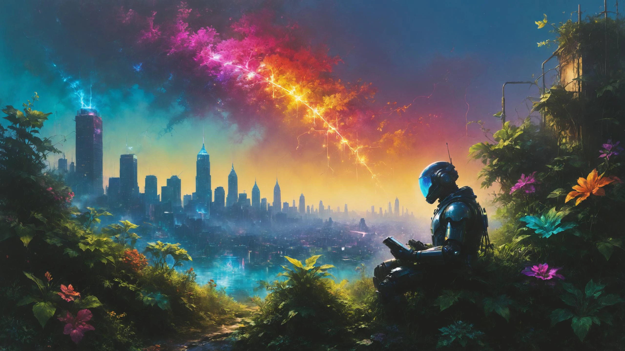 A network of glowing neon tubes crisscrosses the city skyline, casting a vibrant rainbow of colors across the urban landscape, Robot companion programmed for emotional support in the foreground, Gorgeous splash of vibrant paint,,, by Alberto Mielgo, by Kehinde Wiley, by Leonardo DaVinci, by Beeple, by Peter Mohrbacher by William-Adolphe Bouguereau, by frank frazetta, symetrical features, joyful 4k resolution gradient <lora:gorgoeus_splash_of_vibrant_paint:0.7> <lora:SDXLFaeTastic2400:0.4> <lora:Desolation:0.8> <lora:EnvyGardencoreXL01:0.8>
