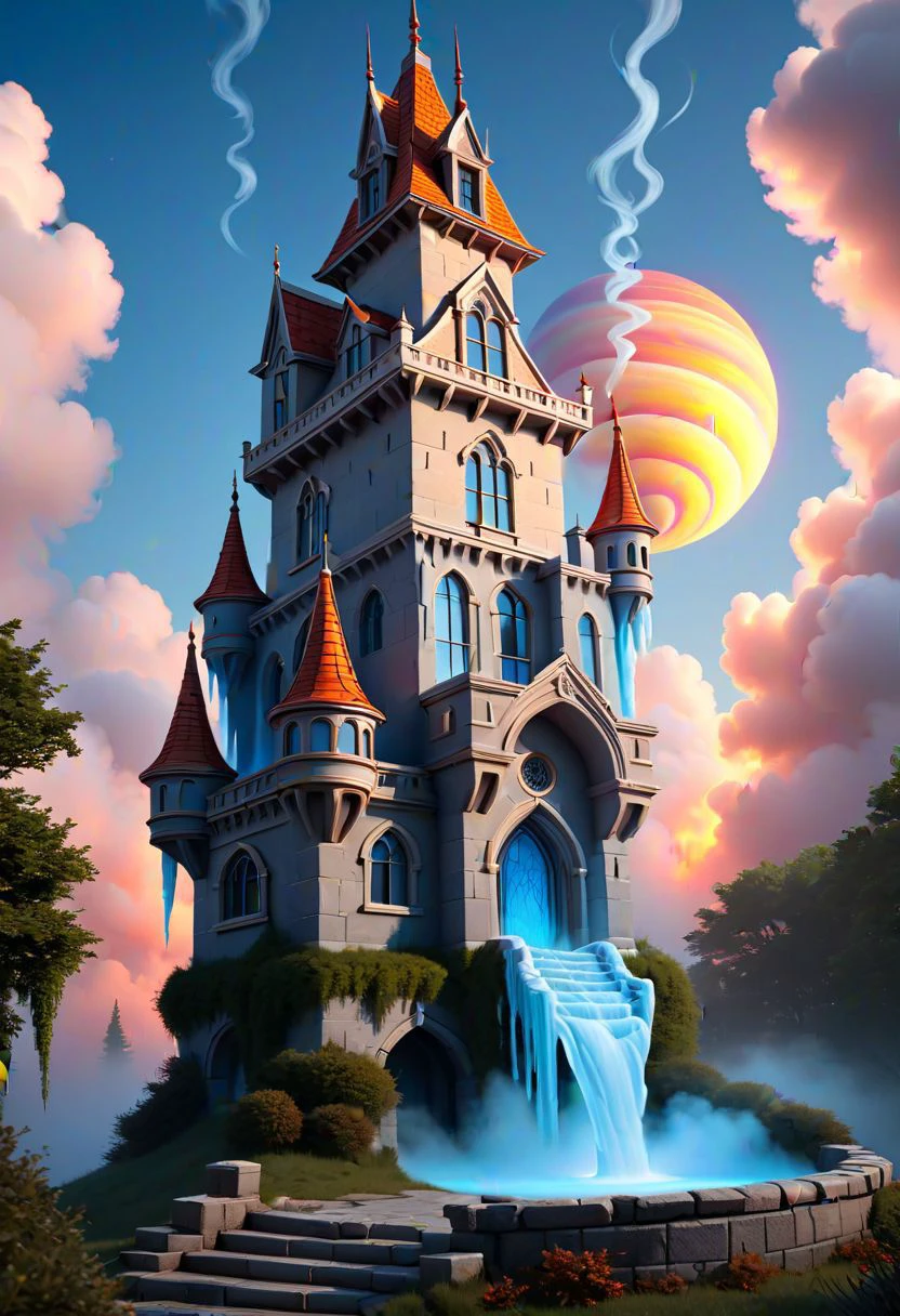 core_9, score_8_up, score_7_up, fabulous, fantastic, whimsical details, castle tower with tiled roofs.MASONRY. exceptional detail, fine textures, deep shadows, clear lines, rainbow sunset.BEIGE CUMULUS CLOUDS WITH SPIRAL SWIRLS. the volume and depth of the fog. , expressive CLEAR IMAGE, highly detailed, award-winning, (complex details, masterpiece, best quality: 1.4) languor of orgasm on the face of a fire-breathing castle with fiery veins. blue ice icicle lampshade s in wonderland, creepy, horror, scary, soft lighting, sharp focus, paint drops, rough edges, trending on artstation, studio photo, intricate details, highly detailed, <lora:Bio-Luminescence:0.6>, <lora:add-detail-xl:0.7>, <lora:xl_more_art-full_v1:1>,
