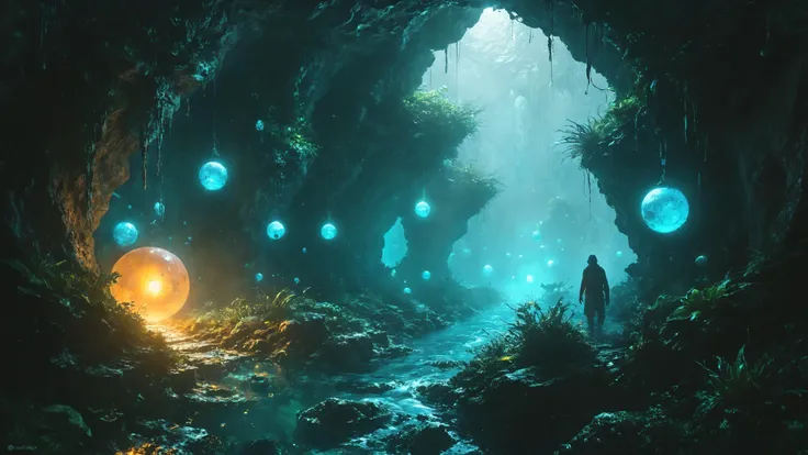 A labyrinthine cave system filled with glowing, floating orbs that guide the way, casting an enchanting glow on the mysterious underwater passages, Cybernetic smuggler evading authorities in the foreground, PENeonUV,,, photorealistic, fantasy, cinematic, trending on artstation, detailed, stunning visuals, creative, cinematic, ultra detailed <lora:PE_NeonUV Style:0.7> <lora:MJ52:0.4>  <lora:Desolation:0.8>  <lora:EnvyGardencoreXL01:0.8>