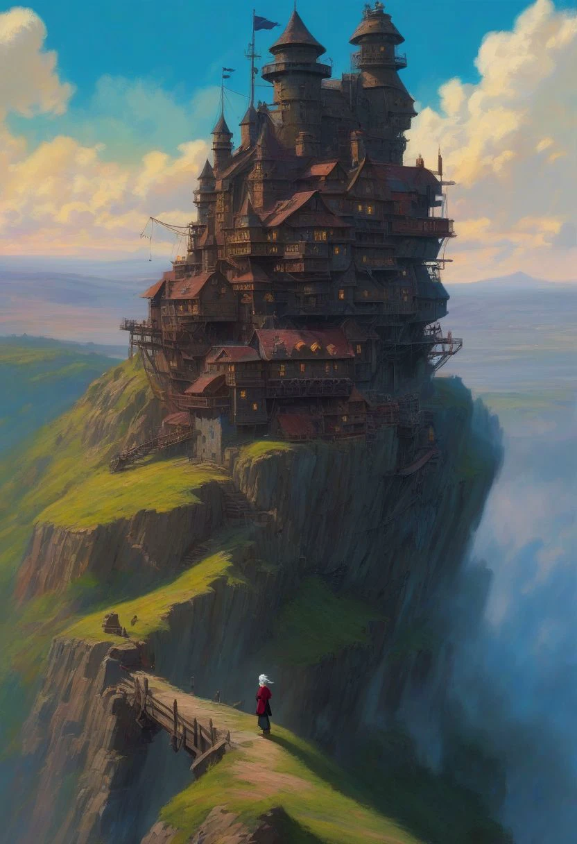 On the Edge of the Unknown: Howl's Moving Castle (2003), portrait, highly detailed, digital painting, artstation, concept art, sharp focus, illustration, cinematic lighting, style of Clarence Gagnon, Francis Picabia, Emmy Bridgwater, Sam Kieth