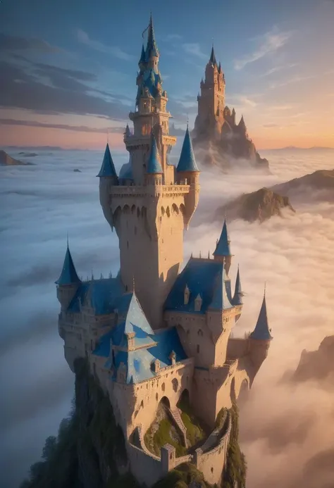 a view of a castle in the clouds with a sky background