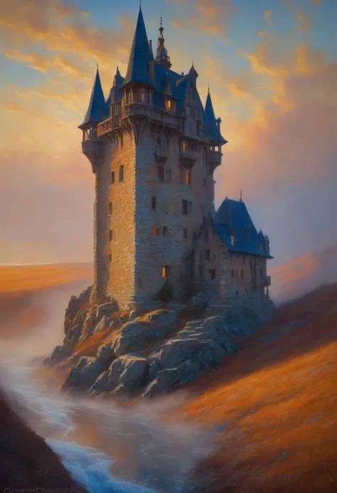 On the Edge of the Unknown,core_9, score_8_up, score_7_up, fabulous, fantastic, whimsical details, castle tower with tiled roofs.MASONRY. exceptional detail, fine textures, deep shadows, clear lines, rainbow sunset.BEIGE CUMULUS CLOUDS WITH SPIRAL SWIRLS. the volume and depth of the fog. , expressive CLEAR IMAGE, highly detailed, award-winning, (complex details, masterpiece, best quality: 1.4) languor of orgasm on the face of a fire-breathing castle with fiery veins. blue ice icicle lampshade highly detailed, digital painting, artstation, concept art, sharp focus, illustration, cinematic lighting, style of Clarence Gagnon, Francis Picabia, Emmy Bridgwater, Sam Kieth