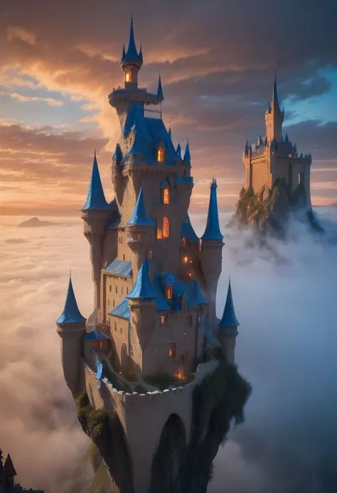 a close up of a castle on a cliff with a sky background