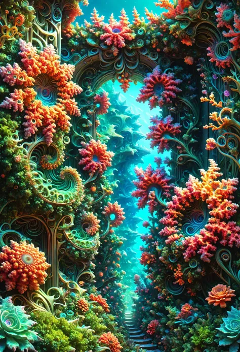 ral-mndlbrt A coral labyrinth with iridescent walls, home to elusive sea creatures that navigate the maze with grace, leaving trails of glowing bio trails in their wake, PENeonUV,,, digital painting, artstation, concept art, soft light, hdri, smooth, sharp focus, illustration, fantasy, intricate, elegant, highly detailed, D&D, matte painting, in the style of Greg Rutkowski and Alphonse Mucha and artemisia, 8 <lora:PE_NeonUV Style:0.7> <lora:MJ52:0.4>  <lora:EnvyGardencoreXL01:0.8> <lora:ral-mndlbrt:1>