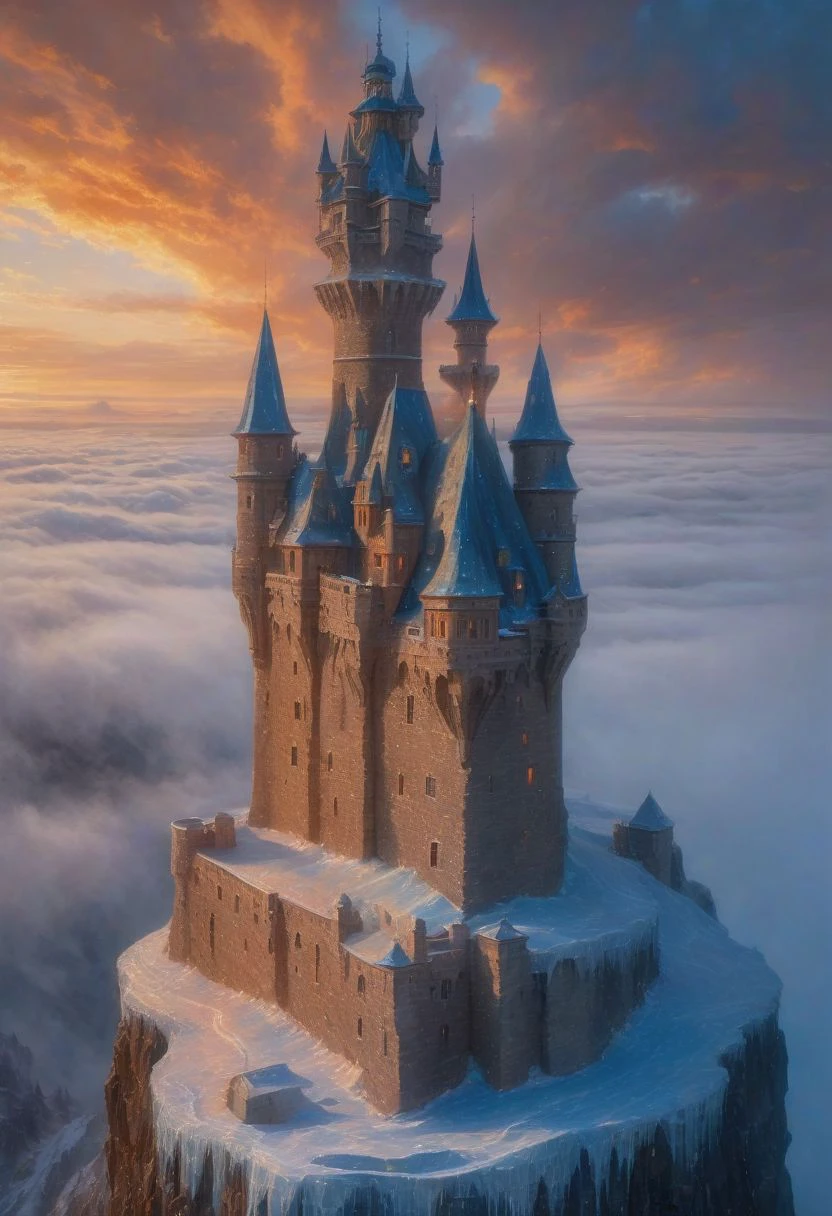 On the Edge of the Unknown,core_, fabulous, fantastic, whimsical details, castle tower with tiled roofs.MASONRY. exceptional detail, fine textures, deep shadows, clear lines, rainbow sunset.BEIGE CUMULUS CLOUDS WITH SPIRAL SWIRLS. the volume and depth of the fog. , expressive CLEAR IMAGE, highly detailed, award-winning, (complex details, masterpiece, best quality: 1.4) languor of orgasm on the face of a fire-breathing castle with fiery veins. blue ice icicle lampshade highly detailed, digital painting, artstation, concept art, sharp focus, illustration, cinematic lighting, style of Clarence Gagnon, Francis Picabia, Emmy Bridgwater, Sam Kieth