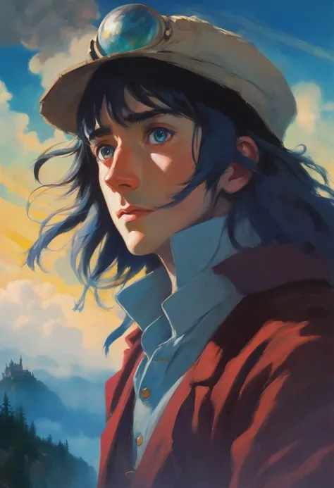 On the Edge of the Unknown: Howl's Moving Castle (2003), portrait, highly detailed, digital painting, artstation, concept art, sharp focus, illustration, cinematic lighting, style of Clarence Gagnon, Francis Picabia, Emmy Bridgwater, Sam Kieth