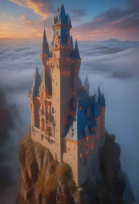 a close up of a castle on a cliff with a sky background