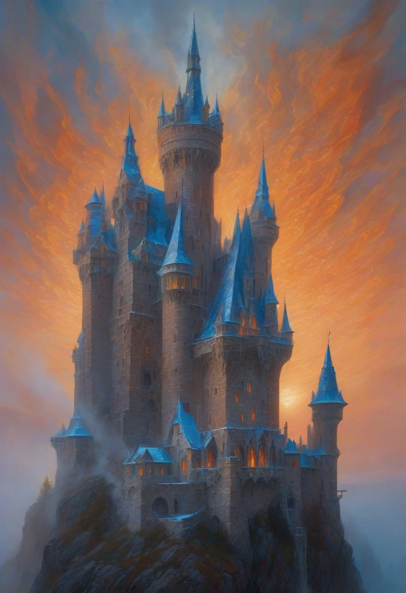 On the Edge of the Unknown,core_, fabulous, fantastic, whimsical details, castle tower with tiled roofs.MASONRY. exceptional detail, fine textures, deep shadows, clear lines, rainbow sunset.BEIGE CUMULUS CLOUDS WITH SPIRAL SWIRLS. the volume and depth of the fog. , expressive CLEAR IMAGE, highly detailed, award-winning, (complex details, masterpiece, best quality: 1.4) languor of orgasm on the face of a fire-breathing castle with fiery veins. blue ice icicle lampshade highly detailed, digital painting, artstation, concept art, sharp focus, illustration, cinematic lighting, style of Clarence Gagnon, Francis Picabia, Emmy Bridgwater, Sam Kieth