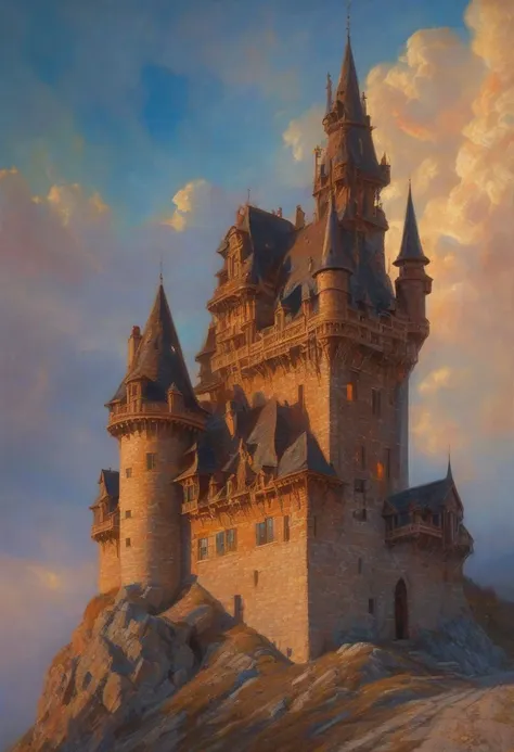 On the Edge of the Unknown,core_9, score_8_up, score_7_up, fabulous, fantastic, whimsical details, castle tower with tiled roofs.MASONRY. exceptional detail, fine textures, deep shadows, clear lines, rainbow sunset.BEIGE CUMULUS CLOUDS WITH SPIRAL SWIRLS. the volume and depth of the fog. , expressive CLEAR IMAGE, highly detailed, award-winning, (complex details, masterpiece, best quality: 1.4) languor of orgasm on the face of a fire-breathing castle with fiery veins. blue ice icicle lampshade highly detailed, digital painting, artstation, concept art, sharp focus, illustration, cinematic lighting, style of Clarence Gagnon, Francis Picabia, Emmy Bridgwater, Sam Kieth